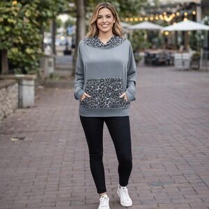 Womens Leopard Print Hoodie Gray Oversized Athleisure Streetwear Cozy Pullover M